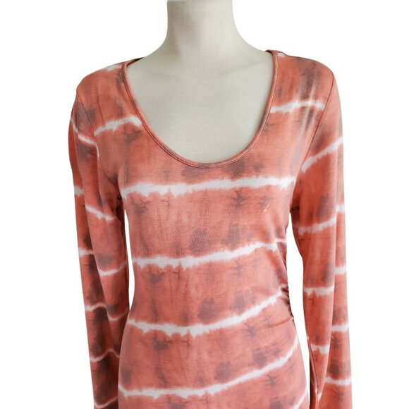 Soft Stretchy T-shirt Dress Ruched Side Midi BodyCon Peach Tie Dye Long Sleeve S - Picture 4 of 16